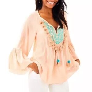 Lilly Pulitzer Shandy Top Womens Sandstone Peach Tassel Boho Long Sleeve Size S